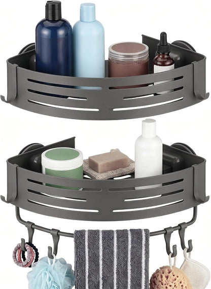 2 Pcs Corner Shower Caddy, Double-Layer Suction Cup No-Drilling Aluminum Organizer, Gray Triangular Bathroom Shelves with Towel Bar & Hooks, Wall Mount Space-Saving for Shower & Kitchen2