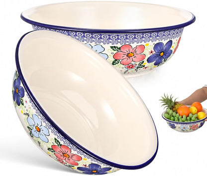 Set of 2 Enamel Bowls, 11.8 Inch Vintage Floral Enamelware Bowls1