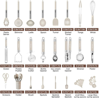 Kitchen Utensils Set-Silicone Cooking Utensils-33Pcs Non-Stick Silicone Cooking Kitchen Utensils Spatula Set with Holder-Best Kitchen Cookware with Stainless Steel Handle (Khaki)2