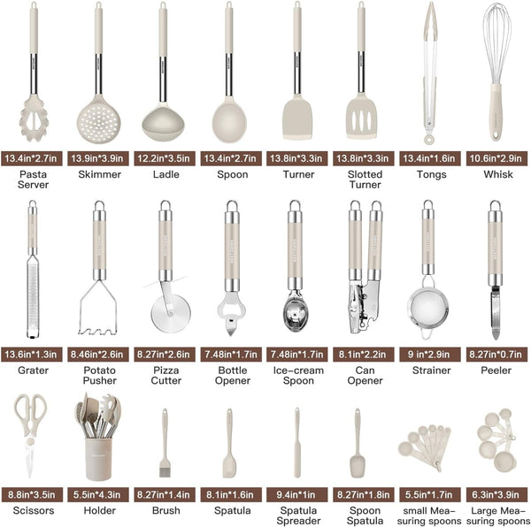 Kitchen Utensils Set-Silicone Cooking Utensils-33Pcs Non-Stick Silicone Cooking Kitchen Utensils Spatula Set with Holder-Best Kitchen Cookware with Stainless Steel Handle (Khaki)2