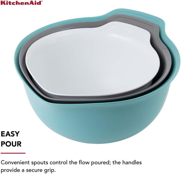 Kitchenaid Universal Nesting Plastic Mixing Bowls, Set of 3, 2.5 Quart, 3.5 Quart, 4.5 Quart, Non Slip Base with Easy Pour Spout to Reduce Mess, Dishwasher Safe, Aqua Sky, White, Gray4