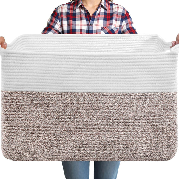 75L Large Blanket Storage Basket with Handles - White & Brown1