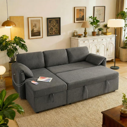 80'' Pull Out Sofa, 3 in 1 Sleeper Sofa Couch with USB & Storage Chaise, Comfy Sofa Bed with Pull Out Bed, Convertible Sleeper Sofas for Living Room, Small Spaces, Dark Gray1