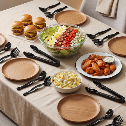 36Pcs Disposable Plastic Serving Utensils Set, 12 Black Spoons, 12 Forks, 12 Tongs, 9-Inch for Party Buffet Catering Events, Heavy Duty and Ergonomic Design9