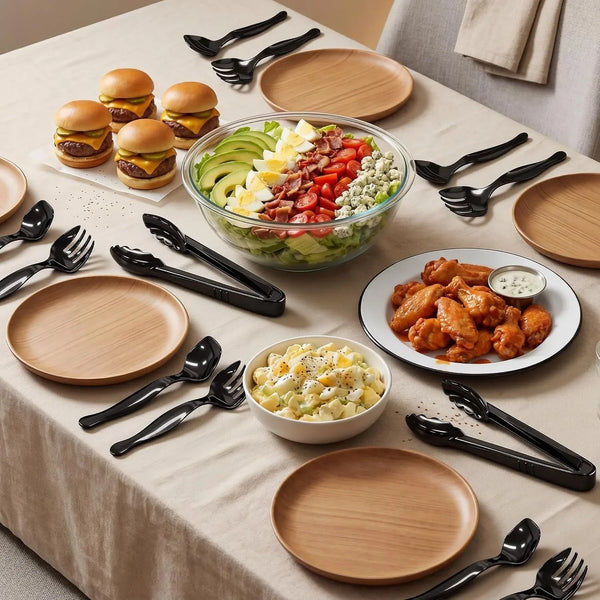 36Pcs Disposable Plastic Serving Utensils Set, 12 Black Spoons, 12 Forks, 12 Tongs, 9-Inch for Party Buffet Catering Events, Heavy Duty and Ergonomic Design9
