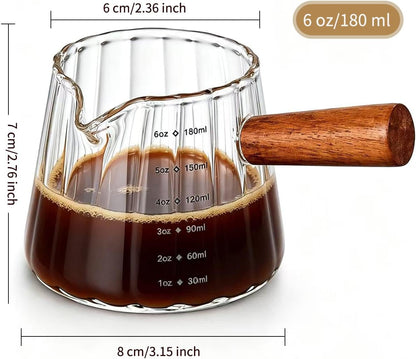 6 Oz Espresso Cups - Glass Measuring Cups with Spout - Ribbed Small Creamer Pitcher- Expresso Shots Cup with Wood Handle for Coffee Milk, Dishwasher Safe (Transparent, 1 Pack)3