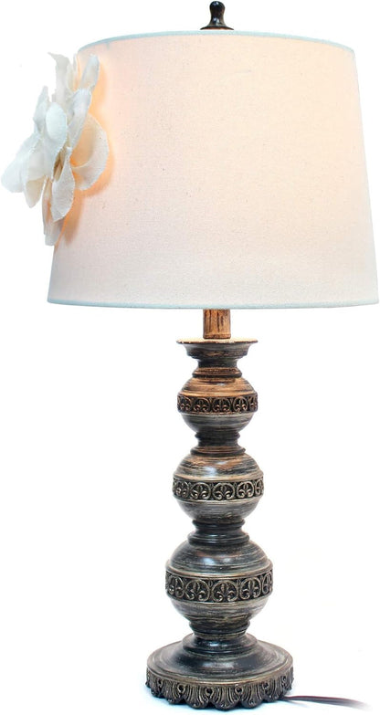 LT3097-WHT Stacked Ball Lamp with Couture Linen Flower Shade, Aged Bronze6