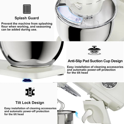 8.45 QT All Metal Stand Mixer,10 Speed Large Capacity Kitchen Mixer with Digital Timer & Tilt-Head, Electric Mixer with Whisk Dough Hook Mixing Beater for Baking,Cakes,Cookie,Bread,Salad (White)5