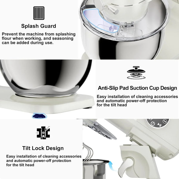 8.45 QT All Metal Stand Mixer,10 Speed Large Capacity Kitchen Mixer with Digital Timer & Tilt-Head, Electric Mixer with Whisk Dough Hook Mixing Beater for Baking,Cakes,Cookie,Bread,Salad (White)5
