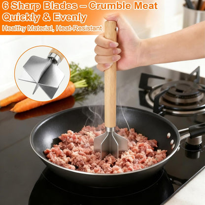 Ground Beef Masher, Stainless Steel Hamburger Smasher Tool with Wooden Handle, 6-Blade Heavy-Duty Kitchen Tool for Beef, Turkey, Potatoes & More2