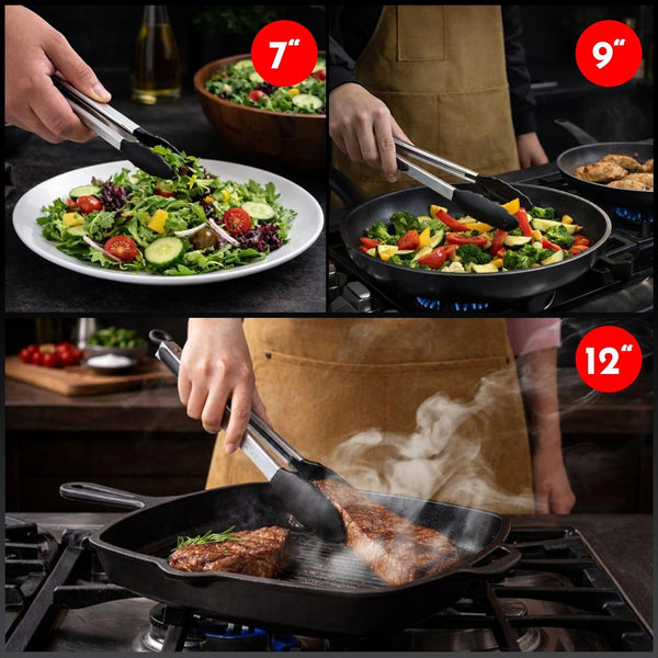 Kitchen Tongs - 12, 9 & 7 Inch Locking Silicone Tongs for Cooking, Set of 37