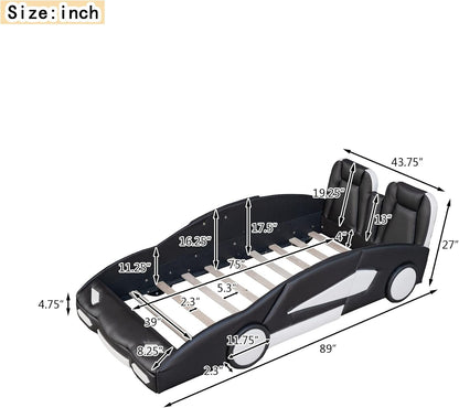 Twin Upholstered Floor Platform Bed Frame, PU Leather Day Bed with Race Car-Shaped Headboard, No Box Spring Needed, Black2