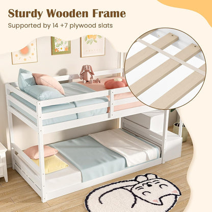 Twin over Twin Bunk Bed with Stairs, Solid Wood Floor Bunk Bed with Storage Staircase & Full-Length Guardrails, Low Bunk Bed with for Kids, Teens, Adults, Dorm, Small Space, White5