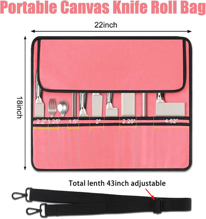 Pink Chef Knife Bag with 20 Slots Cutlery Knives Holders Protectors, Home Kitchen Travel Cooking Tools, Portable Canvas Knife Roll Storage Bag Chef Case for Camping or Working2