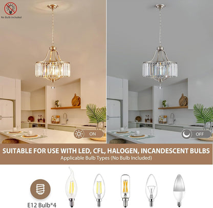 Modern Crystal Chandeliers round 4-Light Large Brushed Nickel Pendant Lighting Fixture for Dining Room Living Room Kitchen Island Bedroom Hallway Hall Foyer, 15.7"4