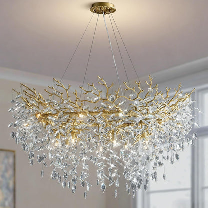47" Gold Tree Branch Chandelier, 14-Light Modern Crystal Chandelier for Dining Room, Luxury round K9 Crystal Raindrop Chandeliers Light Fixture for Foyer, Entryway, Living Room, Bedroom, Kitchen1