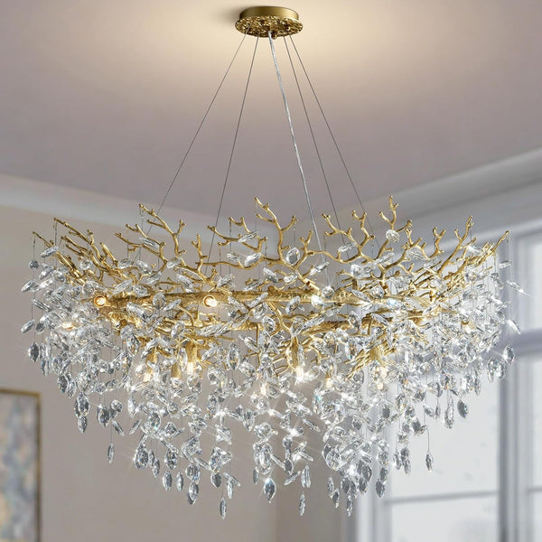 47" Gold Tree Branch Chandelier, 14-Light Modern Crystal Chandelier for Dining Room, Luxury round K9 Crystal Raindrop Chandeliers Light Fixture for Foyer, Entryway, Living Room, Bedroom, Kitchen1