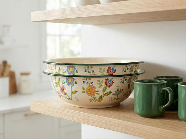2 Pack Vintage Enamel Mixing Bowls, 11.8 Inch Primitive Enamelware Basin for Fruit, Salad, Pasta, Dough Making, 3.6 Quart Enamel Washing Bowl Serving Tray for Camping, Kitchen, Farmhouse Decor9