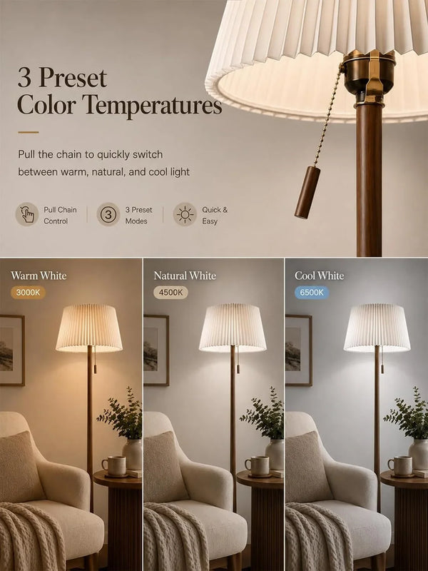 Mid Century Modern Real Wood Floor Lamp with Remote, 2 Shades | 65" Tall, Sculptural Teardrop Base, Foot Switch, Stepless Dimming, 3 Color Temperatures, 1H Timer, Bulb Included4