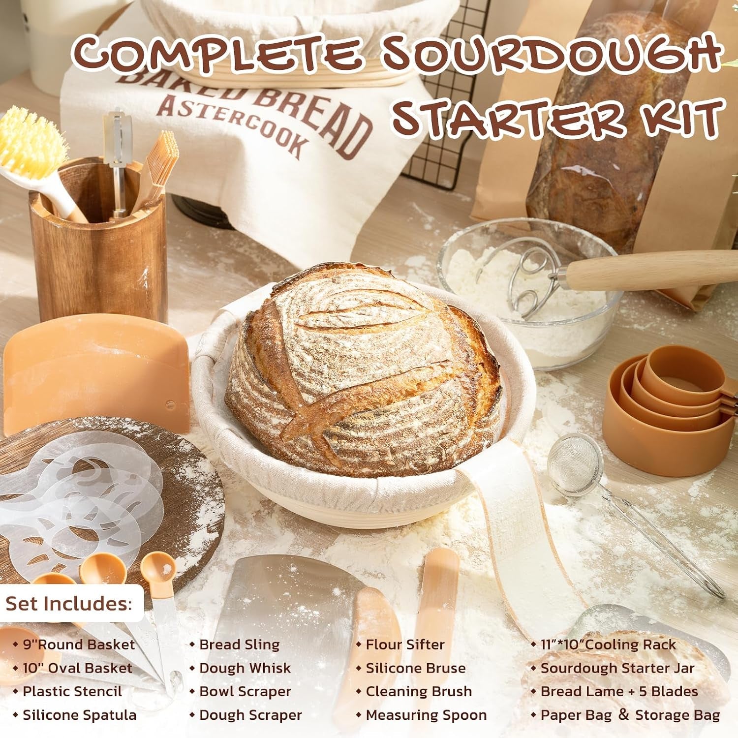 sourdough-starter-kit-with-round-oval-banneton-bread-proofing-basket-starter-jar-dough-whisk-scrapers-stencils-complete-sourdough-bread-baking-supplies-fathers-day-gift-for-men
