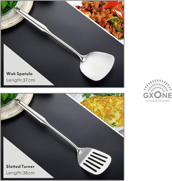 Cooking Utensils Set,6 PCS with Utensils Holder,304 Stainless Steel | round Handle,For Kitchen Cooking,Includes: Wok Spatula, Soup Ladle, Slotted Spoon, Spaghetti Spoon, Utensils Holder2