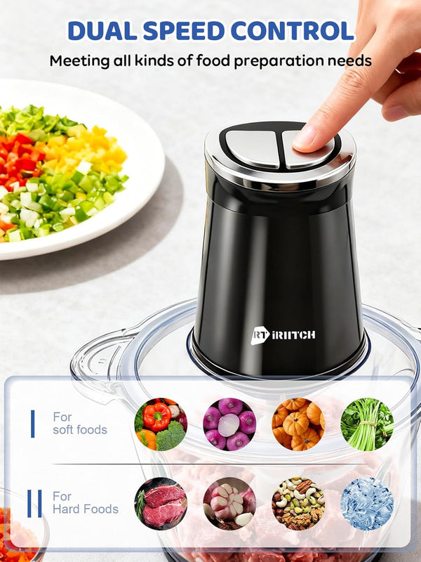 IRIITCH Food Processor with LED Timer, 800W Electric Chopper | 2 Bowls (12-Cups Glass Bowl+12 Cups Stainless Steel Bowl), 2 Set 6 Bi-Level S-Blades3