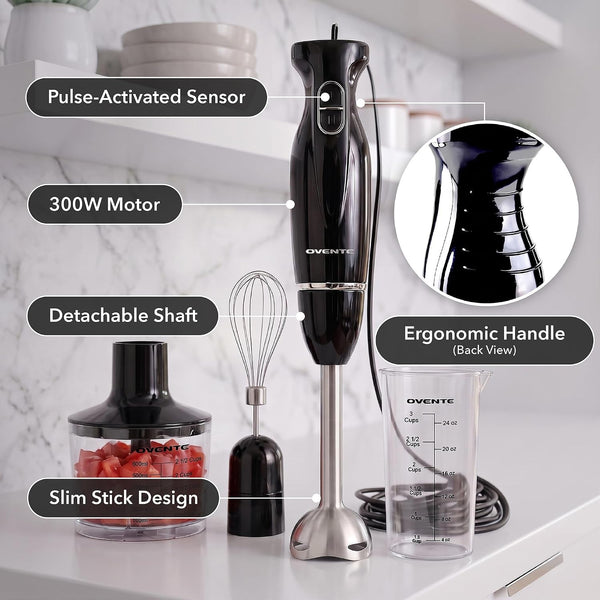Electric Hand Blender Set with 2 Mixing Speeds, 300W Black HS565B | Corded Immersion Handheld Stick Mixer with Stainless Steel Blades, Egg Whisk, Beaker & Bpa-Free Food Chopper4