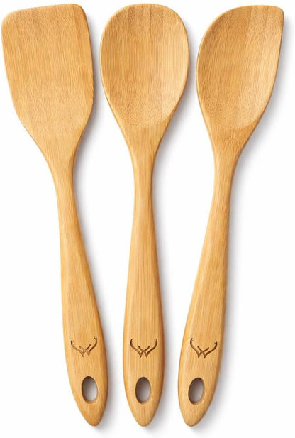Prime Bamboo Wooden Spoons for Cooking Set of 3 Pcs – Wooden Cooking Utensils with Long Handle, Includes Flat Wood Spoon, Bamboo Spatula, and Slotted Spoon for Kitchen Utensils Set1