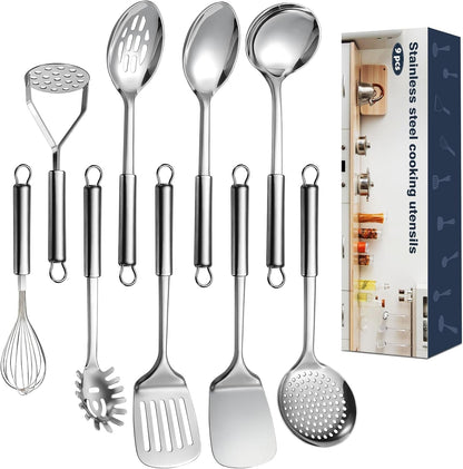 9 Pcs Cooking Utensils Set, Stainless Steel Kitchen Utensils, Heat Resistant Metal Kitchen Tools Include Solid & Slotted Spatula, Serving Spoon, Ladle, Pasta Server,Potato Maseher, Egg Whisk, Silver1