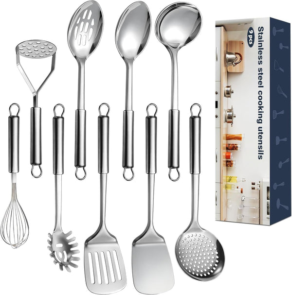 9 Pcs Cooking Utensils Set, Stainless Steel Kitchen Utensils, Heat Resistant Metal Kitchen Tools Include Solid & Slotted Spatula, Serving Spoon, Ladle, Pasta Server,Potato Maseher, Egg Whisk, Silver1