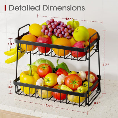 Fruit Basket for Kitchen Counter - 2-Tier Fruit Bowl with Removable Banana Hanger & Handles, Rustproof Fruit Holder for Kitchen, Living Room, Bathroom, 13.4"×8.7"×11.7", Black5
