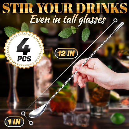4 Pcs Bar Spoon Set, 12" Long, 18/8 Stainless Steel Cocktail Stirrers | Long Handle Sugar Spoon, Spiral Twisted Design, Corrosion Resistant, for Coffee, Tea, Dirty Soda, Home Bar, and Gifts2