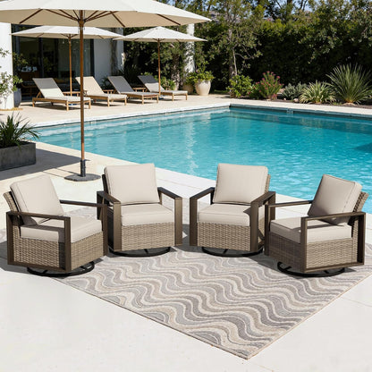 Outdoor Patio Swivel Rocker Chairs Set, 4 Pieces Wicker Rattan Chairs with Metal Wide Armrest, Thick Cushions and Deep Seating for Garden, Backyard, Porch, Deck9