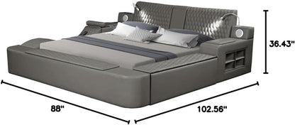 Smart Multifunctional Queen Size Bed, Wood Frame, Gray Upholstery, Massage Chaise, USB Charging, Storage Drawers, LED Lights, Bluetooth Speakers, Modern Design for Bedroom Comfort And2