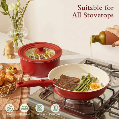 21PCS Pots and Pans Set Non Stick,Kitchen Cookware Set Detachable Handle,Red and Black Gradient Pot and Pan Set,Non Toxic Cooking Pan Set with Frying Pans Set,Rv Cookware Sets for All Stoves5