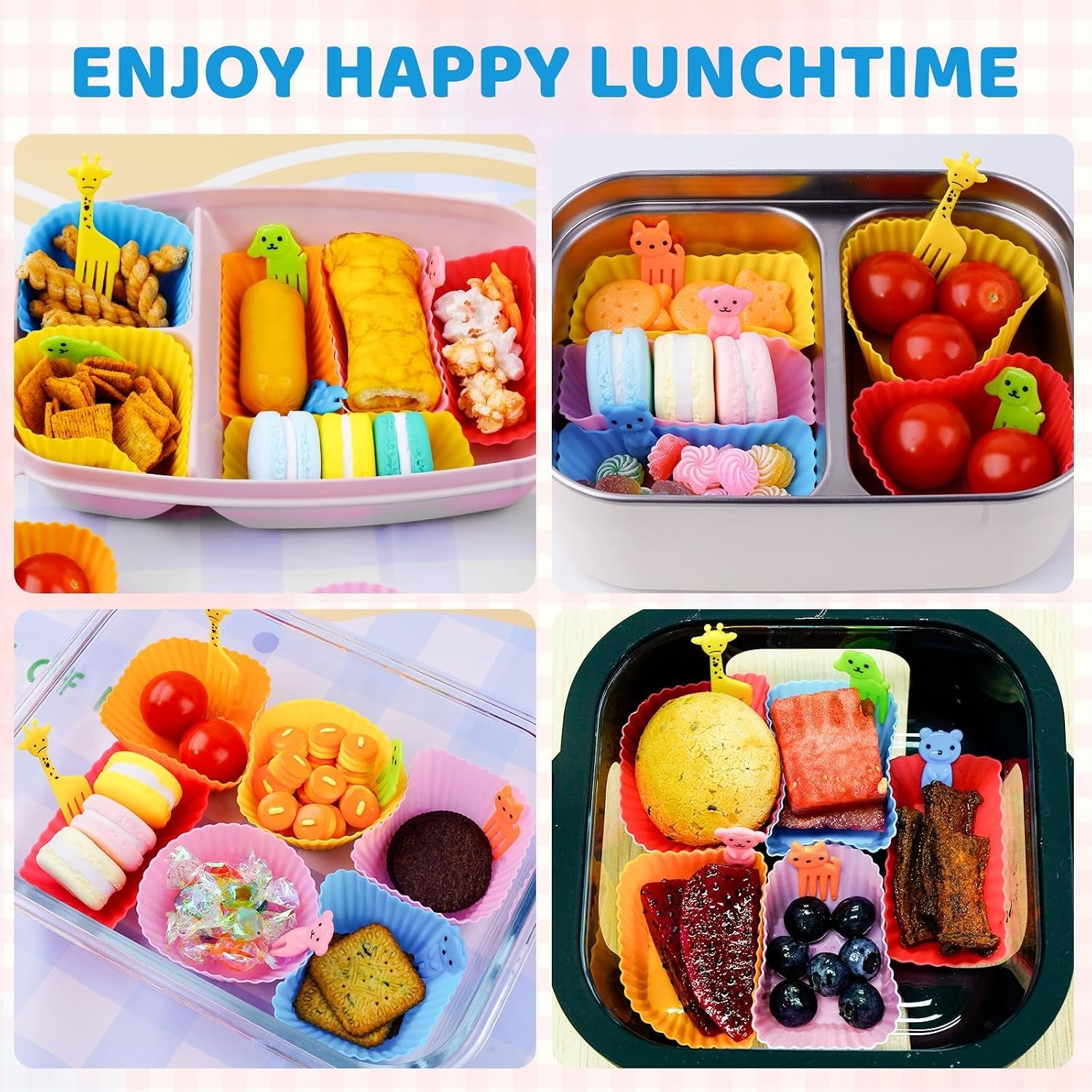 60-pcs-silicone-lunch-box-dividers-bento-box-accessories-silicone-cupcake-liners-reusable-muffin-cups-for-baking-with-animal-food-picks-30-cupcake-cups-30-picks
