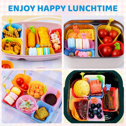60 Pcs Silicone Lunch Box Dividers - Bento Box Accessories, Silicone Cupcake Liners Reusable Muffin Cups for Baking with Animal Food Picks (30 Cupcake Cups + 30 Picks)4
