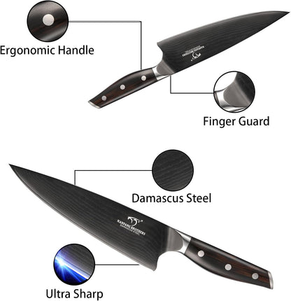 16-Piece Damascus Knife Set with Block, Ebony Wood Handle | 10Cr15Comov VG10 67-Layer Core, 60±2 HRC Sharp Edge, Ebony Wood Handle, Kitchen Shears, Sharpening Rod, 15-Slot Organizer3