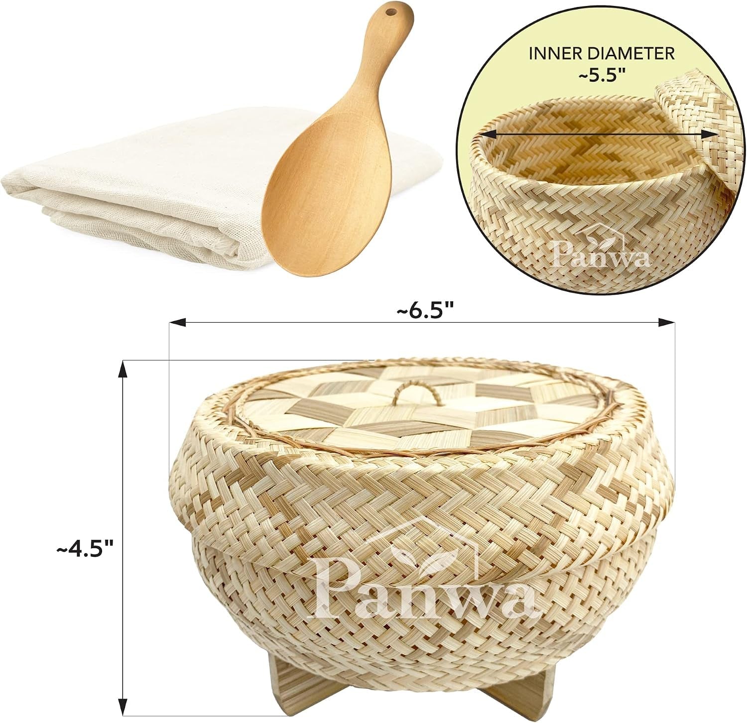 handmade-100-natural-thai-bamboo-sticky-rice-electric-cooker-steamer-set-small-pot-insert-6-5-inch-checkered-wicker-woven-lid-16-cheesecloth-filter-and-wooden-spoon