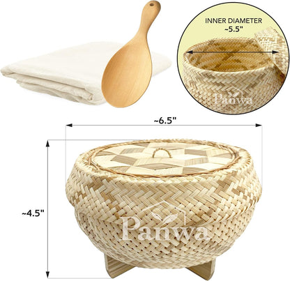 Handmade 100% Natural Thai Bamboo Sticky Rice “Electric Cooker Steamer Set”, Small Pot Insert ~ 6.5 Inch, Checkered Wicker Woven Lid, 16’’ Cheesecloth Filter, and Wooden Spoon4