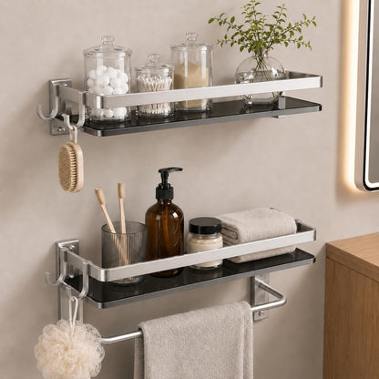 Glass Shelf for Bathroom 15.7 in Bathroom Shelves with Towel Bar Tempered Glass Shelves with 4 Removable Hooks for Wall（2 Tier）1
