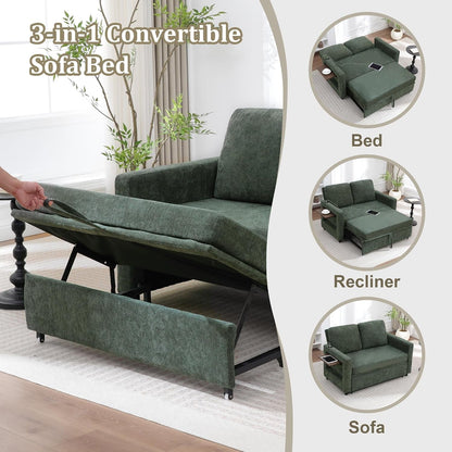 3 in 1 Folding Convertible Sleeper Sofa Bed Pull Out Couch with Side Pockets USB Port Side Table Loveseat Sofa Bed with Adjustable Backrest for Living Room Bedroom 66" Darkgreen 2 SEAT4