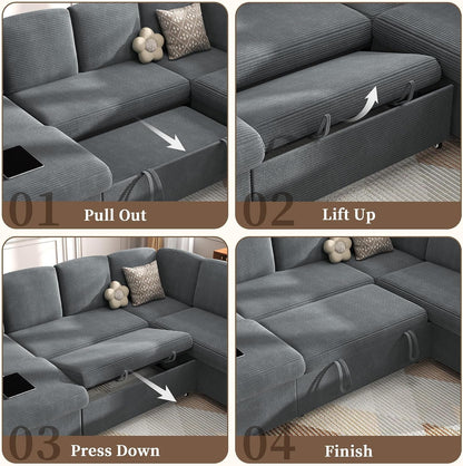 Sectional Sleeper Sofa with Pull Out Couch Bed, 5 Seats Modular L Shaped Cloud Couch with Storage Chaise, Dual Arm Storage & USB Charging, Adjustable Backrest Sofa, Grey Corduroy5