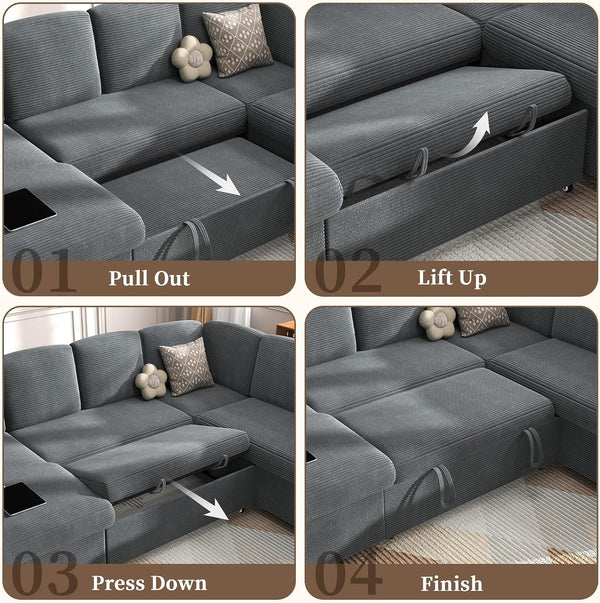 Sectional Sleeper Sofa with Pull Out Couch Bed, 5 Seats Modular L Shaped Cloud Couch with Storage Chaise, Dual Arm Storage & USB Charging, Adjustable Backrest Sofa, Grey Corduroy5