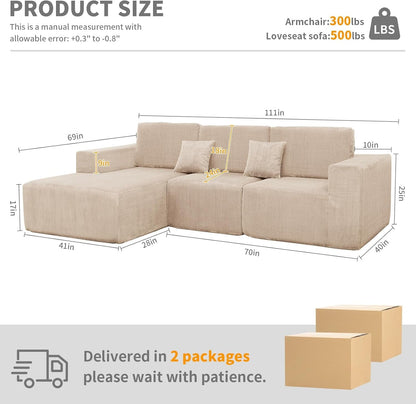 111" Boneless Couches for Living Room 3-Piece Cloud Couch Modular Sectional Deep Seat Compressed Couches for Living Room Bedroom Plush Corduroy Fabric No Assembly Required, Khaki2