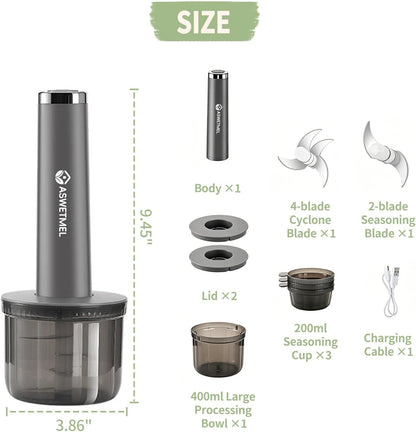 4-Cup Electric Mini Food Processor, Grey | Portable USB Small Food Processor, Electric Garlic Chopper, Garlic Mincer, for Dicing, Mincing, and Puree4