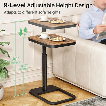 Adjustable Height C-Shaped End Table, 9-Level Side Table with Thickened Metal Rounded Edge, Couch Table Slides under Sofa or Bed, Eating, Working, TV Tray Table for Small Spaces, Brown4