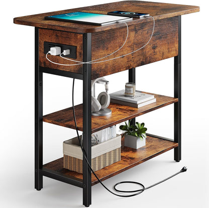 End Table with Charging Station, Flip Top Side Table with USB Ports and Outlets, Sofa Couch Table Bedside Table for Living Room Bedroom, Narrow Nightstand with Storage Shelves for Small Space1