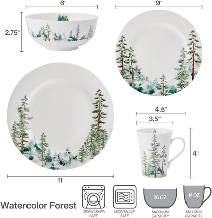 Watercolor Forest Bone China Lightweight Chip Resistant 16 Piece Dinnerware Set, Service for 4, White8