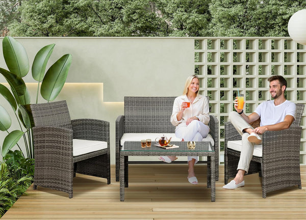 Patio Furniture Set 4 Piece Outdoor Furniture Set, PE Rattan Wicker Patio Conversation Set with Cushions & Glass Coffee Table, Backyard Patio Seating for Balcony Porch Garden Poolside, White9